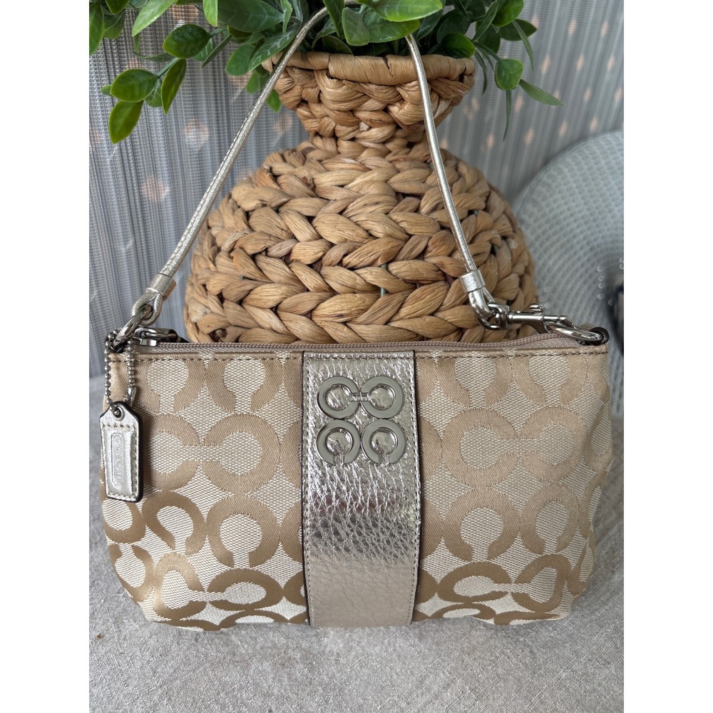 Coach Signature Jacquard Gold Metallic Wristlet Small Shoulder Bag Khaki CC